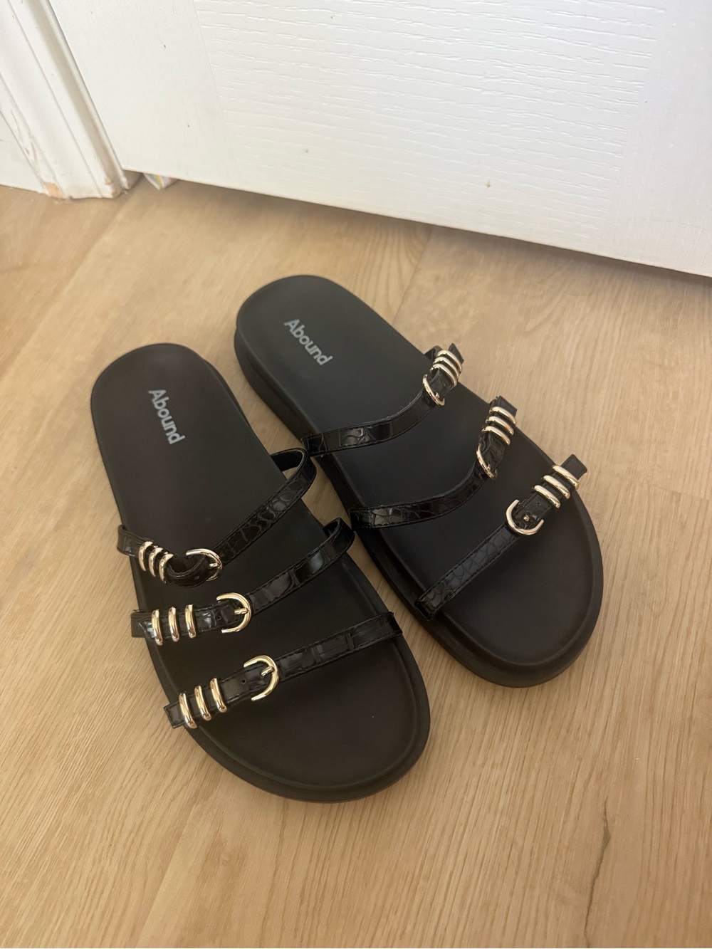 Abound Black Triple-Strap Slide Sandals with Gold Buckle Details